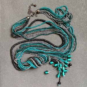 MARKS & SPENCER Long 8 Strand Beaded Necklace Turquoise Silver Black 48"-51"